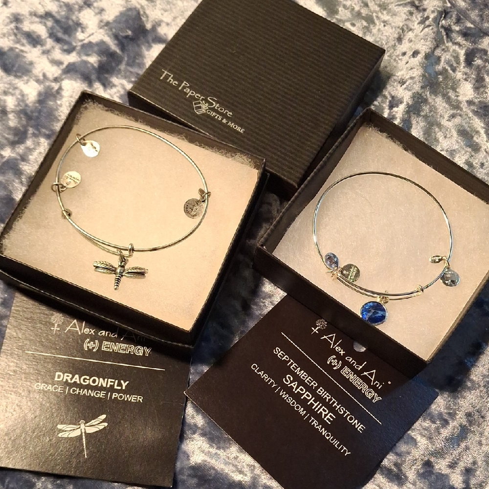 Alex and Ani Silver Dragonfly and Blue Charm Bracelets